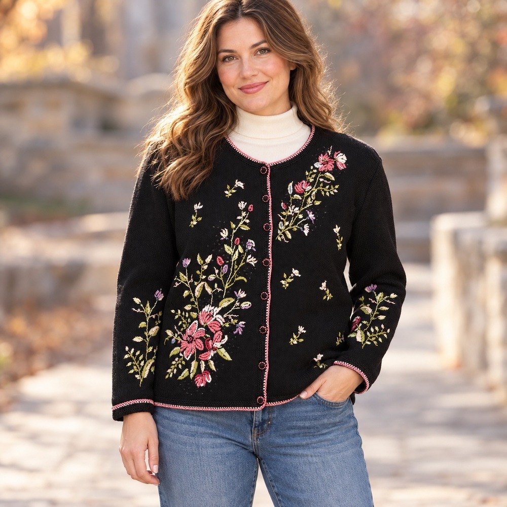 Vintage Tiara Intl Womens L Black Pink Floral Embroidered Ramie Cotton Cardigan